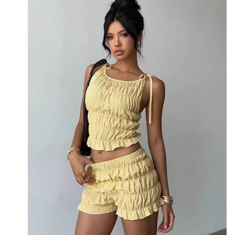 Gingham Smocked Two Piece Short Set Women Size XS Yellow Ruffle Tie Shoulder
